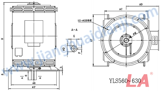 YLS系列高壓立式三相異步電動(dòng)機(jī)外形及安裝尺寸圖(YLS355-630 IP23 6KV) - 六安江淮電機(jī)有限公司