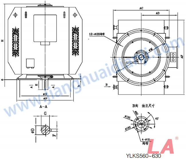 YLKS系列高壓立式三相異步電動機外形及安裝尺寸圖(YLKS355-630 IP23 6KV) - 六安江淮電機有限公司